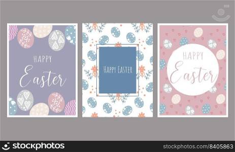 Happy Easter vector card set. Easter eggs, herbs and foliage banner. Congratulatory postcard. Flat design. Vector illustration. Happy Easter vector card set