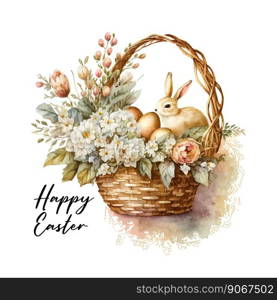 Happy easter Vector cute classic illustrations of easter eggs in a basket of flowers, chick, greeting text for a greeting card, poster or background