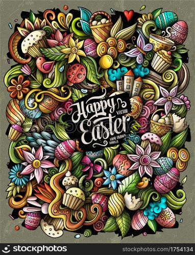 Happy Easter vector doodles illustration. Holiday elements and objects cartoon background. Color funny picture. All items are separated. Happy Easter vector doodles illustration.