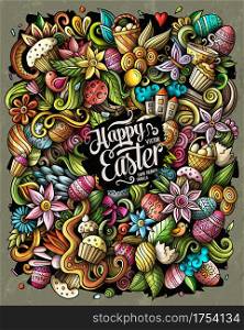 Happy Easter vector doodles illustration. Holiday elements and objects cartoon background. Color funny picture. All items are separated. Happy Easter vector doodles illustration.