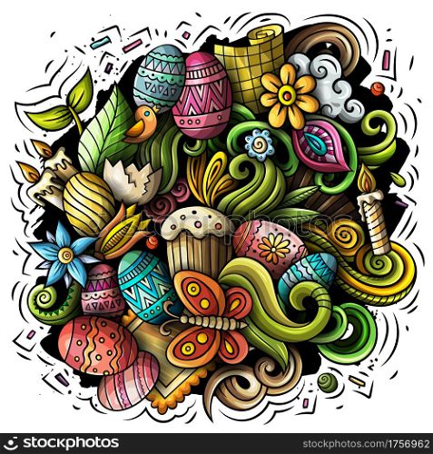 Happy Easter vector doodles illustration. Holiday elements and objects cartoon background. Color funny picture. All items are separated. Happy Easter vector doodles illustration. Color funny picture.