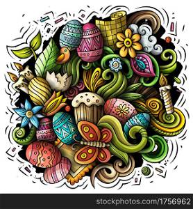 Happy Easter vector doodles illustration. Holiday elements and objects cartoon background. Color funny picture. All items are separated. Happy Easter vector doodles illustration. Color funny picture.