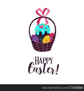happy Easter. Vector greeting card. Basket with painted eggs. Spring clipart.