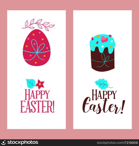 happy Easter. Vector greeting cards. Cartoon beautiful Easter cakes and painted egg.