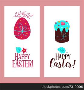 happy Easter. Vector greeting cards. Cartoon beautiful Easter cakes and painted egg.
