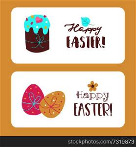 happy Easter. Vector greeting cards. Cute Easter cakes, painted eggs.