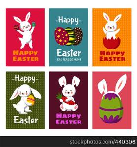 Happy Easter vector greeting cards with cartoon bunny rabbit and easter eggs. Illustration of easter holiday with rabbit and eggs. Happy Easter vector greeting cards with cartoon bunny rabbit and easter eggs