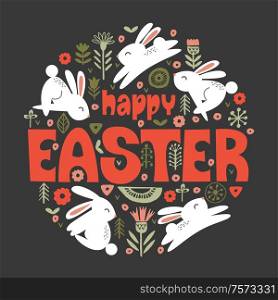 happy Easter. Vector illustration. Cute white rabbits in a circular floral pattern on a dark background. Greeting card.. happy Easter. Funny white rabbits in a circular floral pattern. Vector illustration on a dark background.