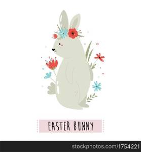 Happy Easter vector illustration with cute rabbit and flowers. Holiday composition.. Happy Easter vector illustration with cute rabbit and flowers