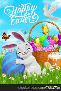 Happy Easter vector poster, cartoon bunny hug painted egg on meadow with basket full of flowers stand on green grass, dove and butterflies. Easter holidays postcard with cute rabbit and decorated eggs. Happy Easter vector poster, bunny hug painted egg