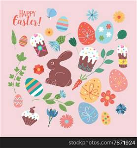 Happy Easter. Vector set of cute illustration. Painted eggs, rabbits, flowers, a basket, a chocolate hare, cakes. Design elements for card, poster, flyer and other use. Isolated on a light background.. Happy Easter. Vector set of cute illustration. Painted eggs, rabbits, flowers, a basket, a chocolate hare, cakes. Design elements for card, poster, flyer and other use.