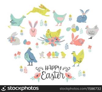 Happy Easter. Vector set of easter chicken and bunnies for card, poster, flyer and other users. Design element.. Happy Easter. Vector set of easter chicken and bunnies for card, poster, flyer and other users.