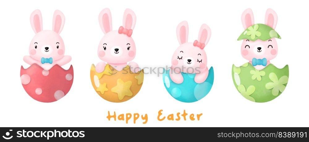 Happy Easter Watercolor Clipart, Rabbit and Egg Digital painting
