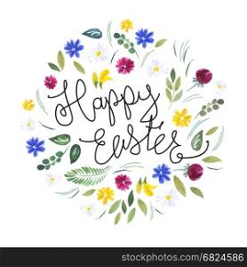Happy Easter. Watercolor flowers and calligraphy vector greetings.