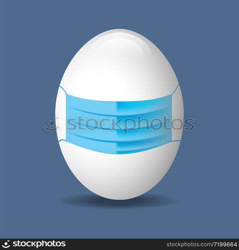 Happy Easter. White egg in the medical face mask on the blue background. Happy Easter. White egg in the medical face mask