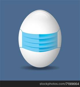 Happy Easter. White egg in the medical face mask on the blue background. Happy Easter. White egg in the medical face mask