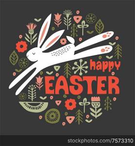 happy Easter. White hare in a circular floral pattern. Vector illustration on a dark background. Greeting card.. Funny white hares in a circular floral pattern. Vector illustration on a dark background.