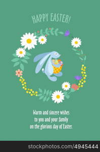 Happy Easter! White rabbit with a basket and eggs. A wreath of spring flowers. Vector illustration.