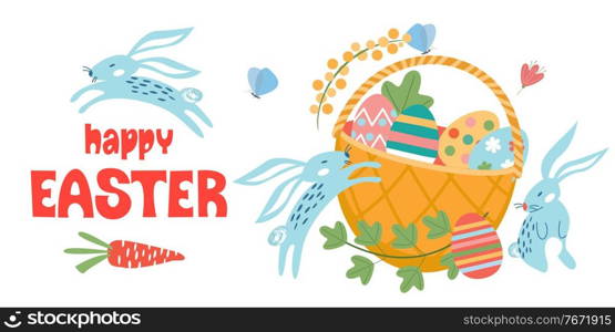 Happy Easter. Wicker basket with Easter colored eggs. Cute funny rabbits. Vector illustration on a white background.. Happy Easter. A basket of painted eggs. Vector illustration.