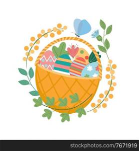 Happy Easter. Wicker basket with Easter colored eggs. Vector illustration on a white background.. Happy Easter. A basket of painted eggs. Vector illustration.