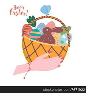 Happy Easter. Wicker basket with Easter colored eggs. Vector illustration on a white background.. Happy Easter. A basket of painted eggs. Vector illustration.