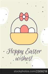 Happy Easter wishes greeting card with color icon element. Springtime holiday. Postcard vector design. Decorative flyer with creative illustration. Notecard with congratulatory message on grey. Happy Easter wishes greeting card with color icon element