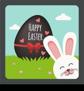 Happy Easter with bunny smiling and chocolate egg on spring background