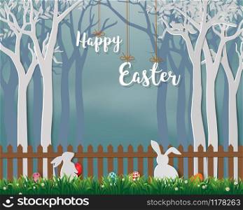 Happy Easter with cute rabbits and colorful eggs on paper art background,for holiday,celebration party or greeting card,vector illustration
