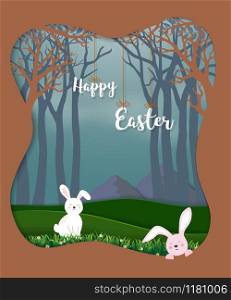 Happy Easter with cute rabbits in the forest for holiday,celebration party or greeting card,vector illustration