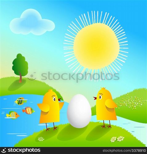 Happy Easter with funny chickens and egg.