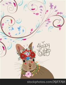 Happy easter with rabbit. Doodle florals vintage background