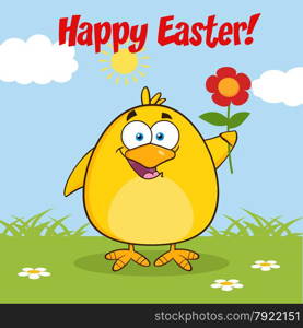 Happy Easter With Smiling Yellow Chick Cartoon Character With A Red Daisy Flower
