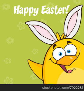 Happy Easter With Smiling Yellow Chick Cartoon Character With Bunny Ears Waving