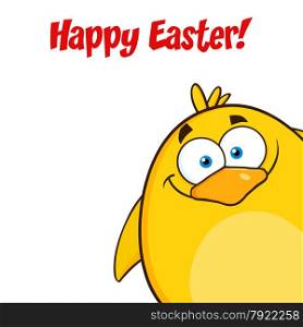 Happy Easter With Yellow Chick Cartoon Character Looking From A Corner