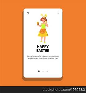 happy easter woman. spring holiday. woman with rabbit ear and cake. cute home girl. tradition greeting decor. vector web Flat Cartoon Illustration. happy easter woman vector