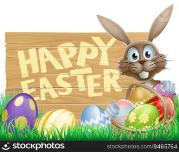 Happy Easter wooden sign with Easter bunny rabbit and Easter eggs in a basket. Happy Easter rabbit