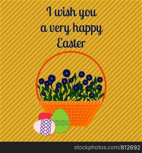 Happy Easter yellow vertical greeting card, with eggs and basket of flowers. Vector illustration. Happy Easter yellow greeting card