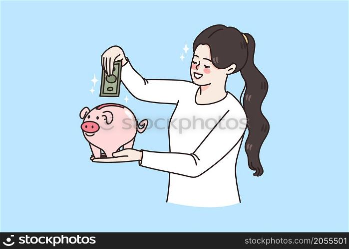 Happy economic young woman put banknote in piggybank save money for future. Smiling girl make currency cash financial investment think of budget. Finance planning concept. Flat vector illustration. . Provident woman save money in piggybank for future
