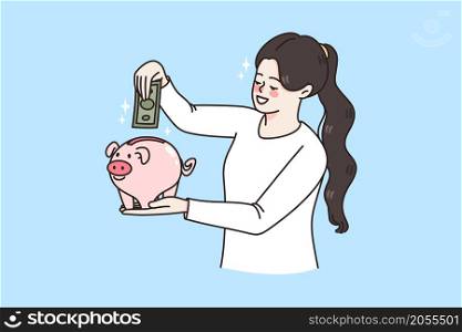 Happy economic young woman put banknote in piggybank save money for future. Smiling girl make currency cash financial investment think of budget. Finance planning concept. Flat vector illustration. . Provident woman save money in piggybank for future