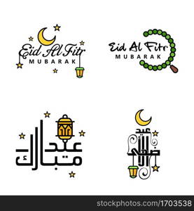 Happy Eid Mubarak Hand Letter Typography Greeting. Swirly Brush Typeface Pack Of 4 Greetings with Shining Stars and Moon