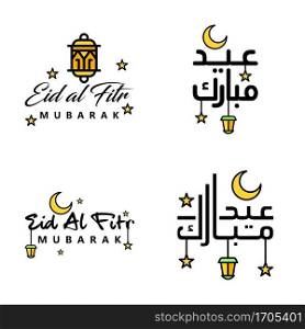 Happy Eid Mubarak Hand Letter Typography Greeting. Swirly Brush Typeface Pack Of 4 Greetings with Shining Stars and Moon