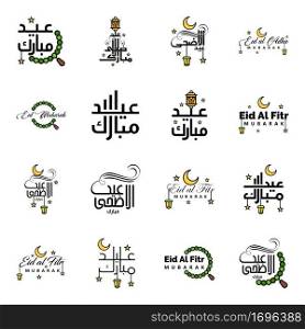 Happy Eid Mubarak Vector Design Illustration of 16 Hand Written Decorative Messages on White background