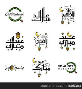 Happy Eid Mubarak Vector Design Illustration of 9 Hand Written Decorative Messages on White background