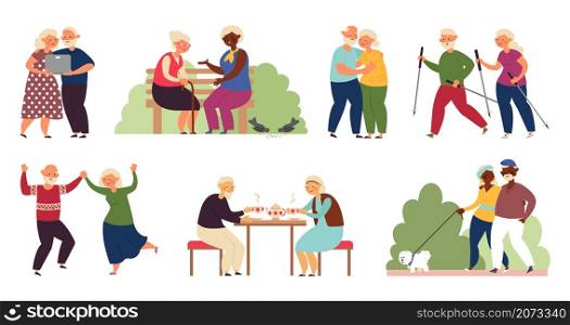 Happy elderly activity. Isolated senior people, sporting old couple. Active grandparents, healthy decent lifestyle on retirement vector set. Couple character grandmother and grandfather active. Happy elderly activity. Isolated senior people, sporting old couple. Active grandparents, healthy decent lifestyle on retirement vector set