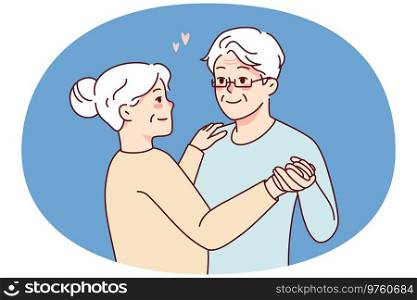 Happy elderly couple dancing together. Smiling mature man and woman enjoy romance and joyful calm retirement. Love and relationships. Vector illustration.. Elderly couple dancing together