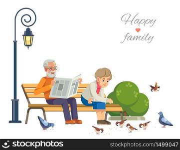 Happy elderly couple feeding the birds on a park bench, isolate on white background. Vector flat illustration. Happy elderly couple feeding the birds on a park bench, isolate on white background. Vector flat illustration.