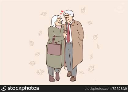 Happy elderly couple in outerwear walking in park hugging. Smiling mature grandparents enjoy walk in autumn forest. Love and aging. Vector illustration. . Smiling old couple walking in park 