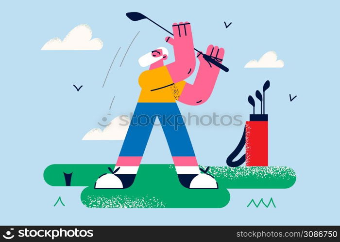 Happy elderly grandmother enjoy maturity play golf on court outdoors. Smiling mature man in sportswear have fun do sports outside. Physical healthy lifestyle. Vector illustration. . Smiling senior man play golf on court