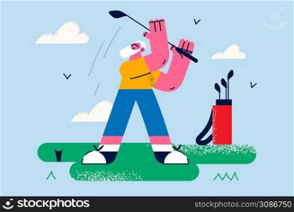 Happy elderly grandmother enjoy maturity play golf on court outdoors. Smiling mature man in sportswear have fun do sports outside. Physical healthy lifestyle. Vector illustration. . Smiling senior man play golf on court