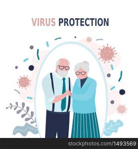 Happy elderly love couple. Old people characters is protected from viruses and diseases. Good immunity, vaccination and a healthy lifestyle. Aged humans family in trendy style. Vector illustration